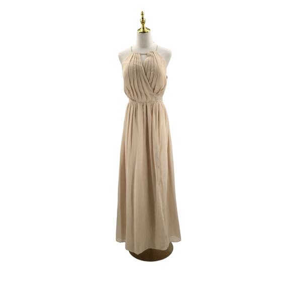 BRIDESMAID DRESS 14 1X plus tan pleated halter belted formal maxi dress new B120 - Picture 2 of 9